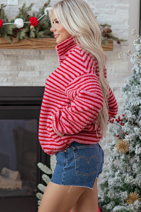 Striped Sherpa Quarter Zip Long Sleeve Pullover