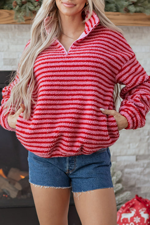 Striped Sherpa Quarter Zip Long Sleeve Pullover