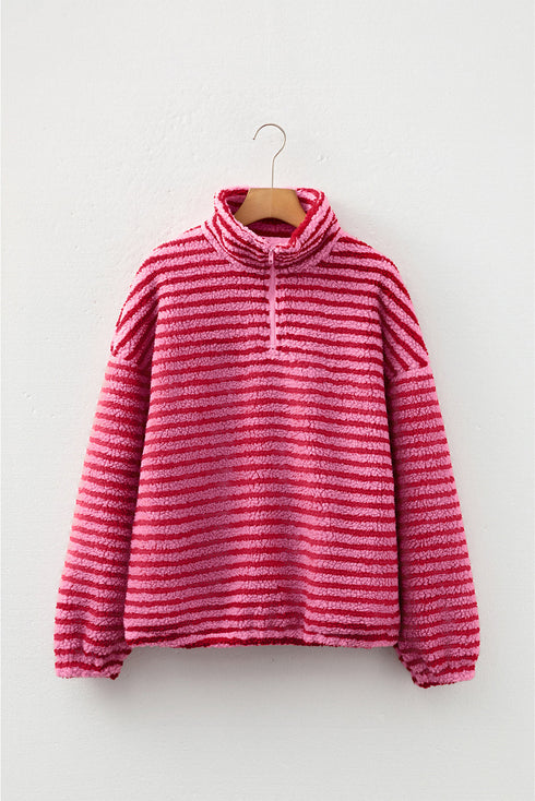 Striped Sherpa Quarter Zip Long Sleeve Pullover