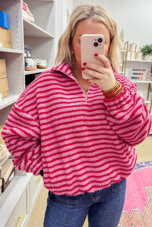 Striped Sherpa Quarter Zip Long Sleeve Pullover