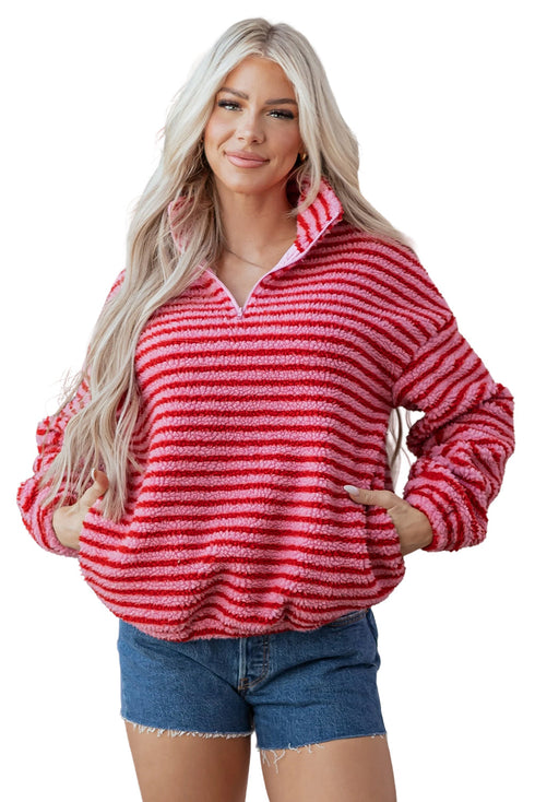 Striped Sherpa Quarter Zip Long Sleeve Pullover