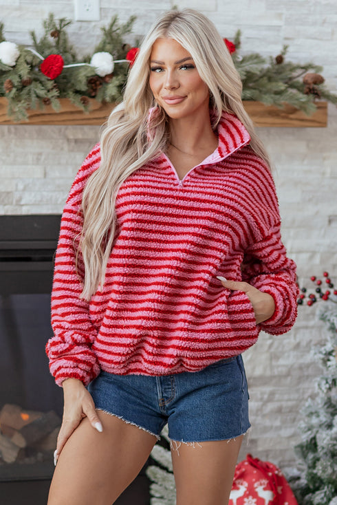 Striped Sherpa Quarter Zip Long Sleeve Pullover