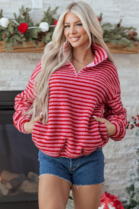 Striped Sherpa Quarter Zip Long Sleeve Pullover
