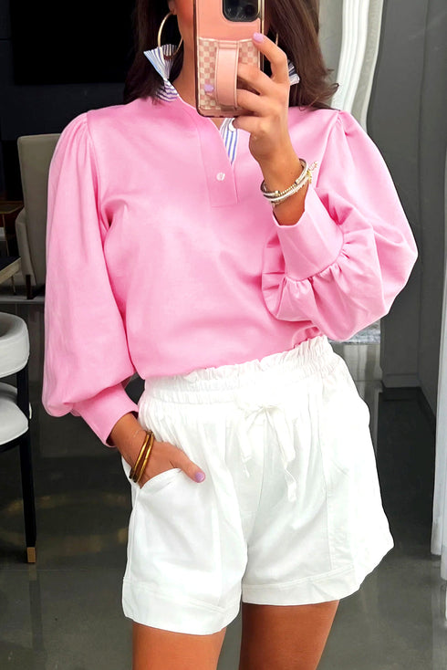 Striped Shirt-Collar Button Half-Placket Puff Sleeve Relaxed Sweatshirt