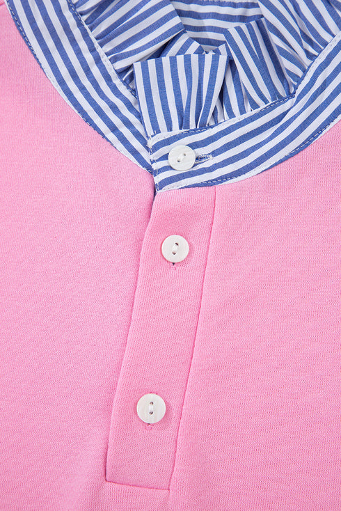 Striped Shirt-Collar Button Half-Placket Puff Sleeve Relaxed Sweatshirt