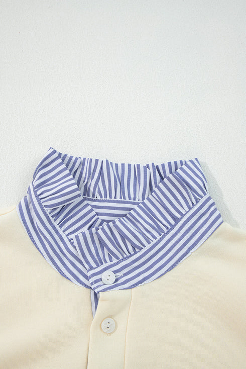 Striped Shirt-Collar Button Half-Placket Puff Sleeve Relaxed Sweatshirt