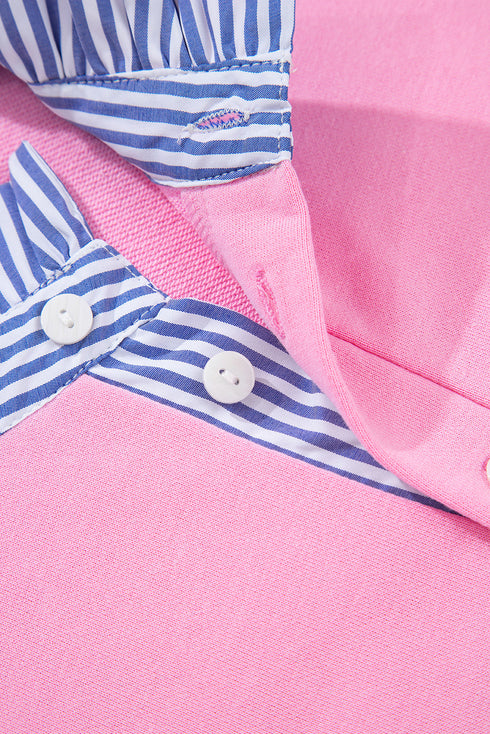 Striped Shirt-Collar Button Half-Placket Puff Sleeve Relaxed Sweatshirt