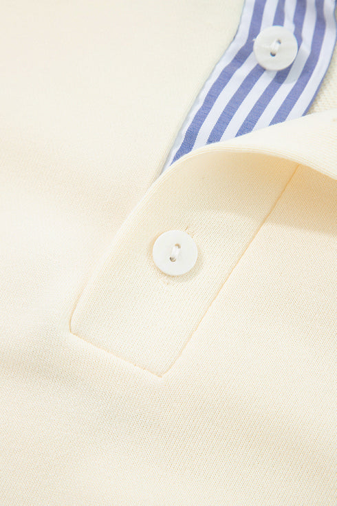 Striped Shirt-Collar Button Half-Placket Puff Sleeve Relaxed Sweatshirt