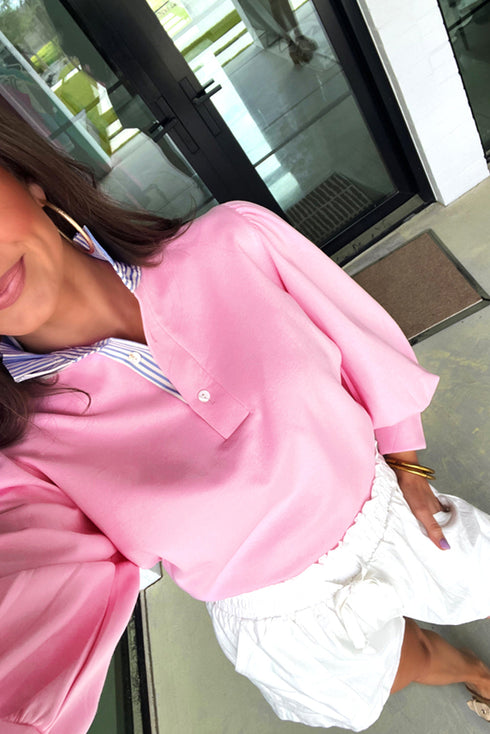 Striped Shirt-Collar Button Half-Placket Puff Sleeve Relaxed Sweatshirt