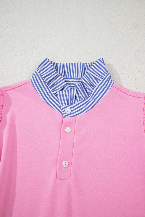 Striped Shirt-Collar Button Half-Placket Puff Sleeve Relaxed Sweatshirt