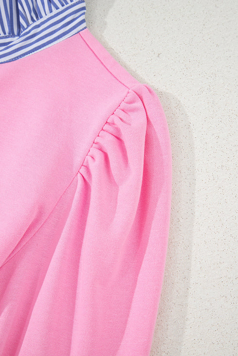 Striped Shirt-Collar Button Half-Placket Puff Sleeve Relaxed Sweatshirt