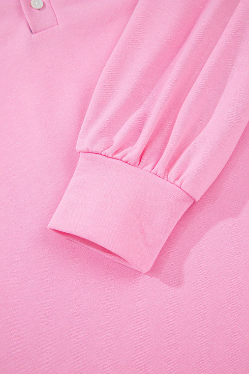 Striped Shirt-Collar Button Half-Placket Puff Sleeve Relaxed Sweatshirt