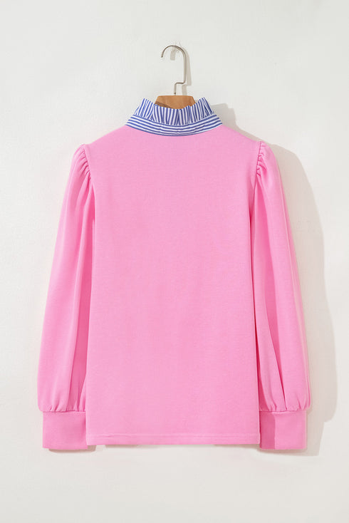 Striped Shirt-Collar Button Half-Placket Puff Sleeve Relaxed Sweatshirt