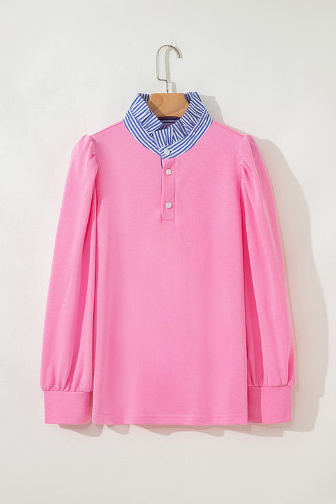 Striped Shirt-Collar Button Half-Placket Puff Sleeve Relaxed Sweatshirt