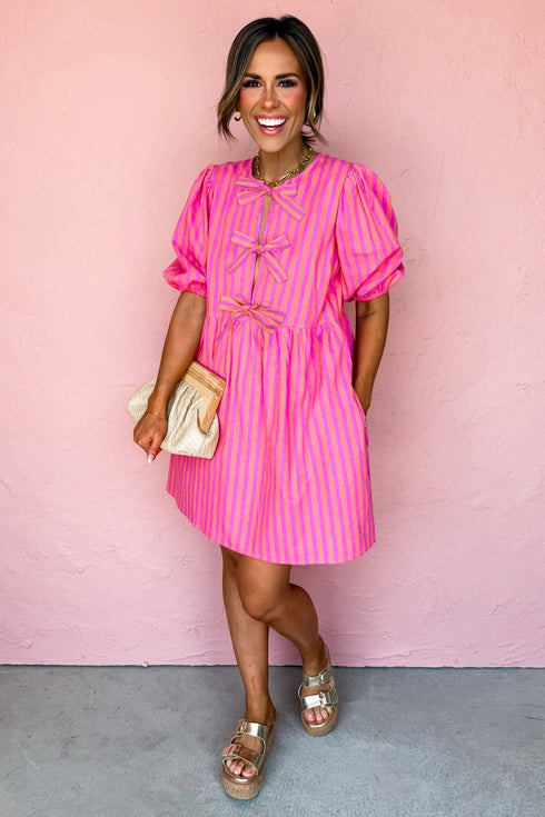 Striped Short Puff Sleeve Bow Detail Mini Dress