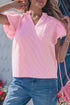 Striped Short Puff Sleeve Split V Neck Blouse
