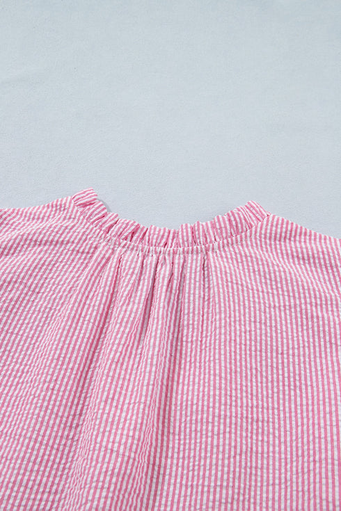Striped Short Puff Sleeve Split V Neck Blouse