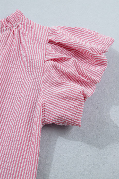 Striped Short Puff Sleeve Split V Neck Blouse