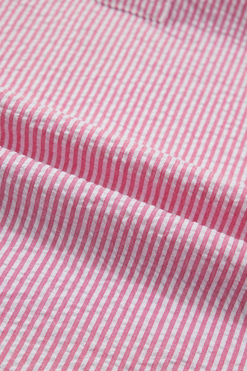 Striped Short Puff Sleeve Split V Neck Blouse