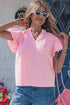 Striped Short Puff Sleeve Split V Neck Blouse