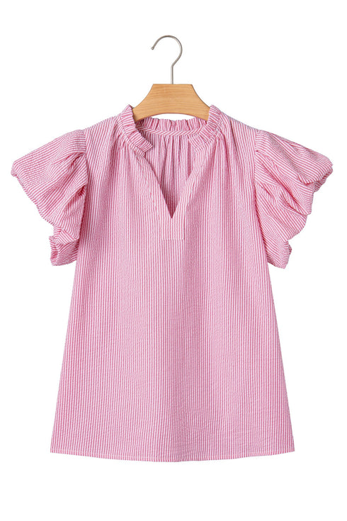 Striped Short Puff Sleeve Split V Neck Blouse