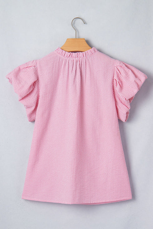 Striped Short Puff Sleeve Split V Neck Blouse