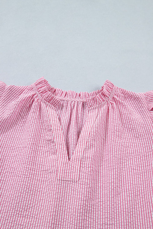 Striped Short Puff Sleeve Split V Neck Blouse