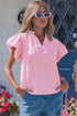 Striped Short Puff Sleeve Split V Neck Blouse