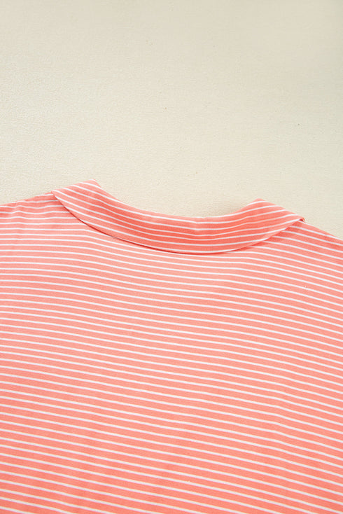 Striped Short Sleeve Contrast Trim Split Neck Top And Shorts Set