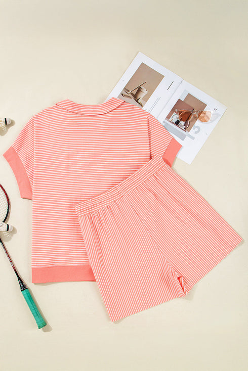 Striped Short Sleeve Contrast Trim Split Neck Top And Shorts Set