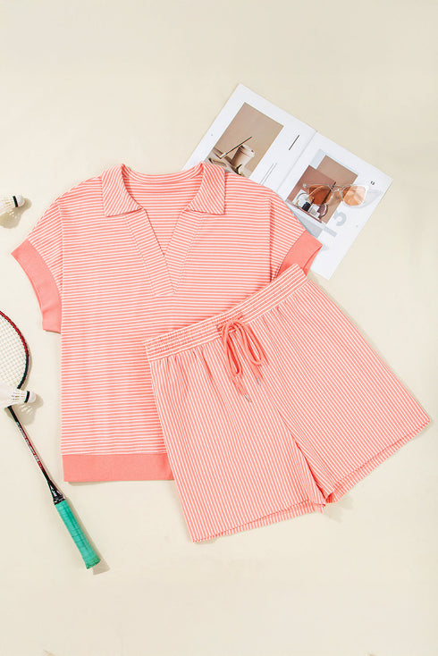 Striped Short Sleeve Contrast Trim Split Neck Top And Shorts Set