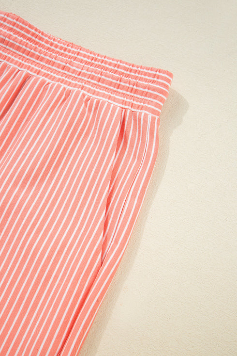 Striped Short Sleeve Contrast Trim Split Neck Top And Shorts Set