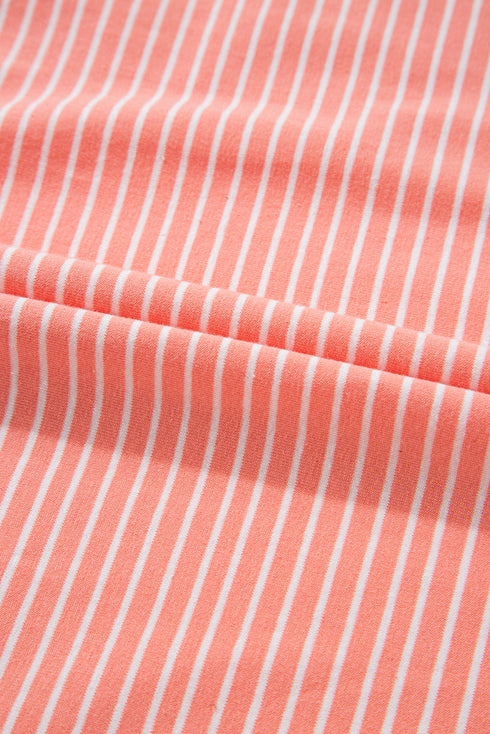 Striped Short Sleeve Contrast Trim Split Neck Top And Shorts Set