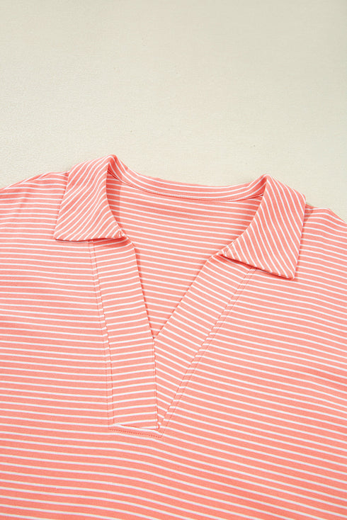 Striped Short Sleeve Contrast Trim Split Neck Top And Shorts Set