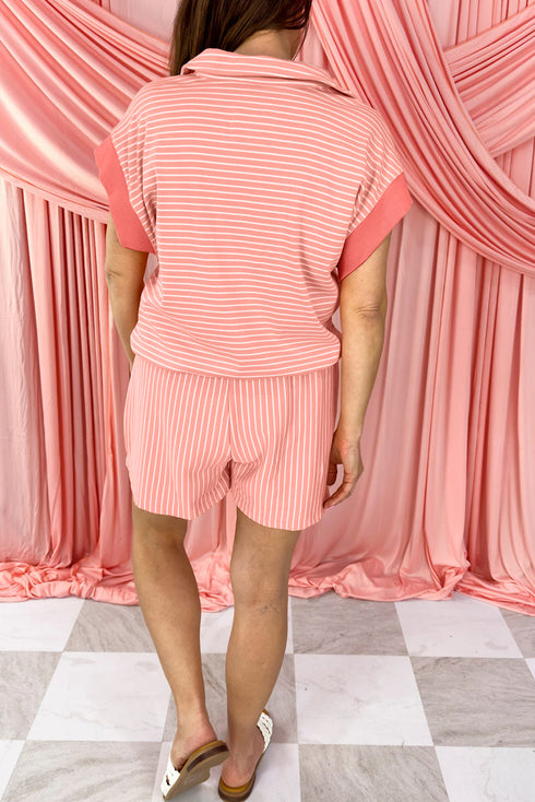 Striped Short Sleeve Contrast Trim Split Neck Top And Shorts Set