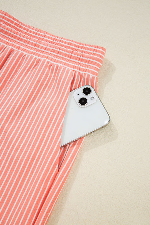 Striped Short Sleeve Contrast Trim Split Neck Top And Shorts Set