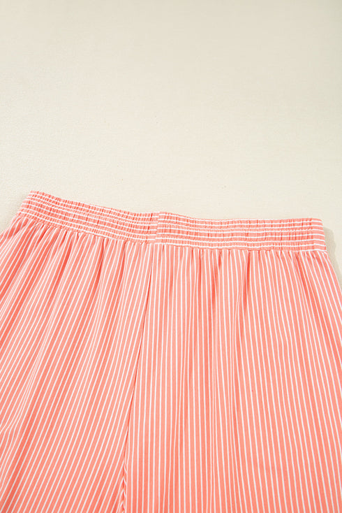 Striped Short Sleeve Contrast Trim Split Neck Top And Shorts Set