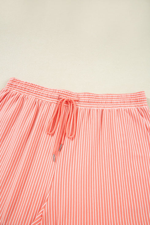 Striped Short Sleeve Contrast Trim Split Neck Top And Shorts Set