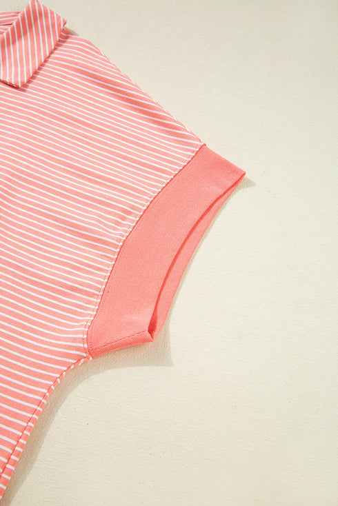 Striped Short Sleeve Contrast Trim Split Neck Top And Shorts Set