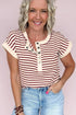 Striped Short Sleeve Half Button Placket Knit Top