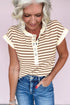 Striped Short Sleeve Half Button Placket Knit Top
