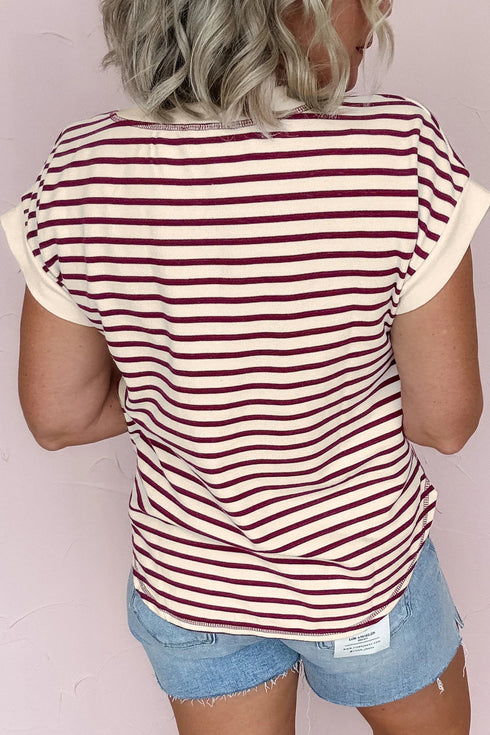 Striped Short Sleeve Half Button Placket Knit Top