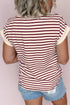 Striped Short Sleeve Half Button Placket Knit Top