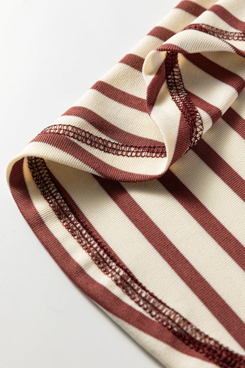 Striped Short Sleeve Half Button Placket Knit Top