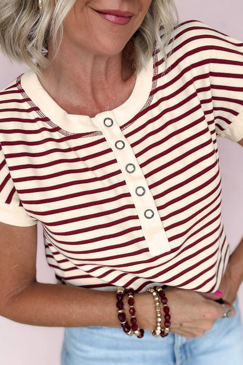 Striped Short Sleeve Half Button Placket Knit Top