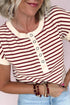 Striped Short Sleeve Half Button Placket Knit Top