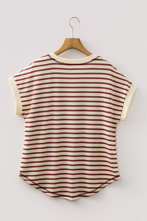 Striped Short Sleeve Half Button Placket Knit Top