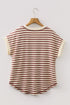 Striped Short Sleeve Half Button Placket Knit Top