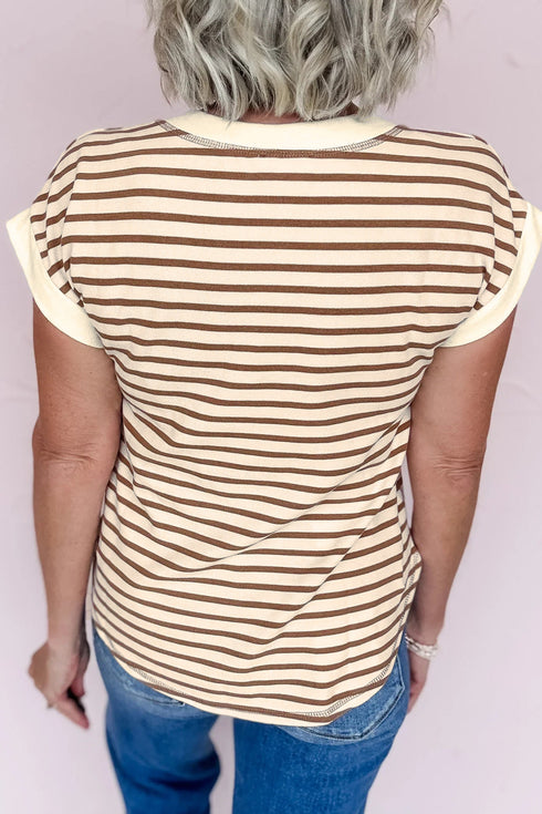 Striped Short Sleeve Half Button Placket Knit Top