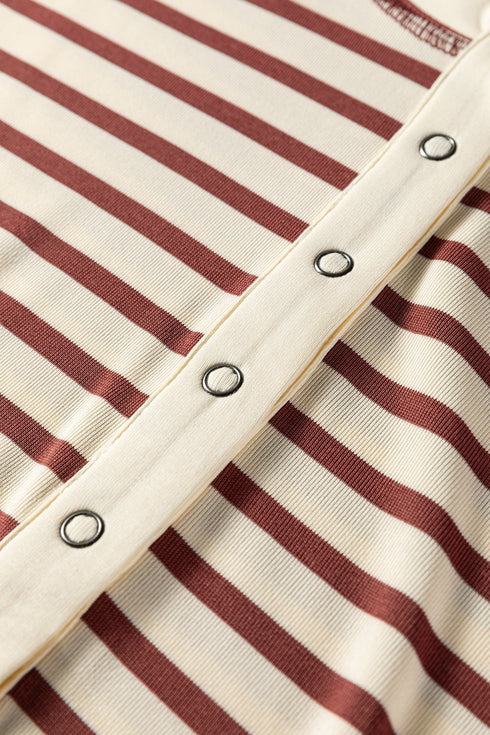 Striped Short Sleeve Half Button Placket Knit Top